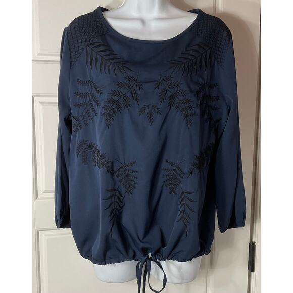 Bass Tops - Bass Navy3/4 Sleeve Tie Hem Embtoidered Top L